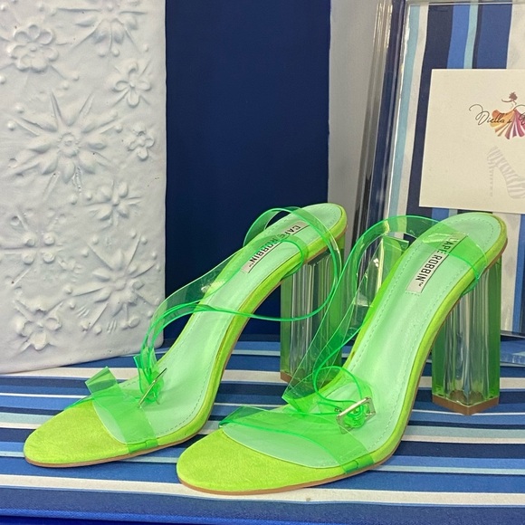 Fashion nova neon green clear transparent ankle strap square heel sandals Sz 10 - Picture 2 of 16